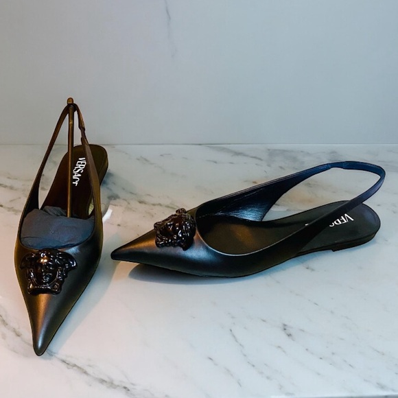 Versace Shoes - NEW! VERSACE Black Calf Leather La Medusa Slingback Pointed Toe Flats